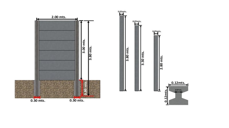 Diagrama técnico de muro prefabricado de 3.80 m con sección cruciforme de columnas y alturas estándar de 2.80, 3.30 y 3.80 m